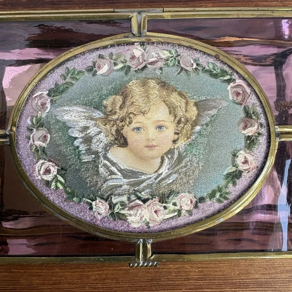Enesco Amethyst Pink Stained Glass Jewelry Box Cherub Angel Roses Trinket Box